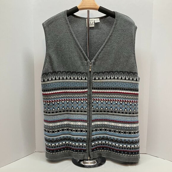 Field Gear Woman 100% Cotton Full Zip Gray Fair‎ Isle Sweater Vest Size 1X - Picture 1 of 4